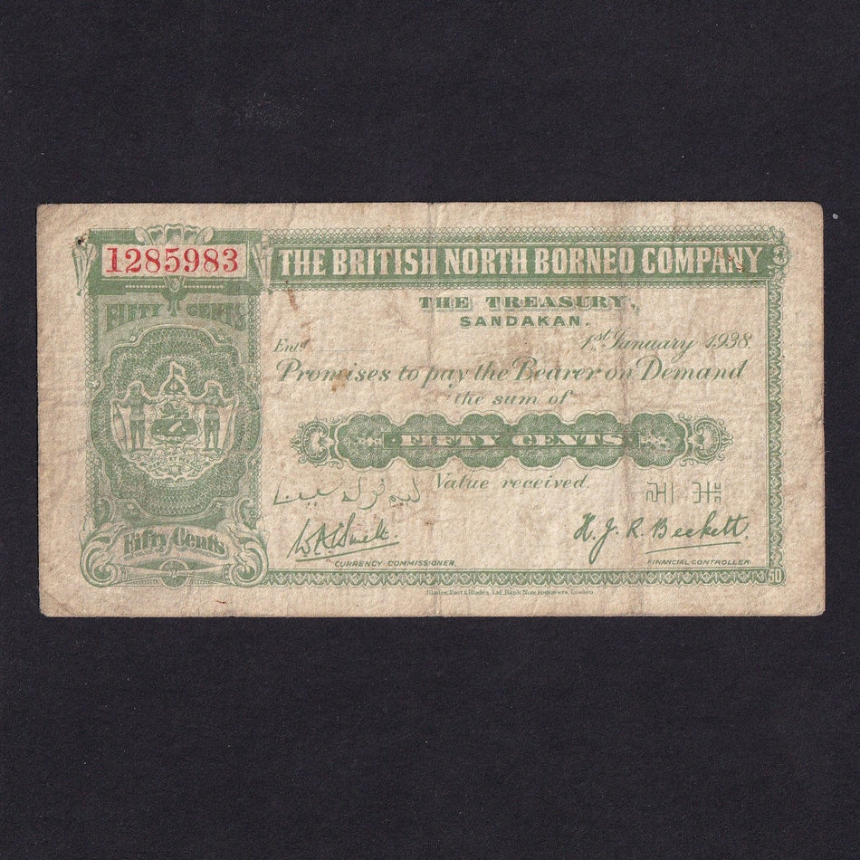 British North Borneo (P27) 50 Cents, 1st January 1938, no.1285983, VG/Fine