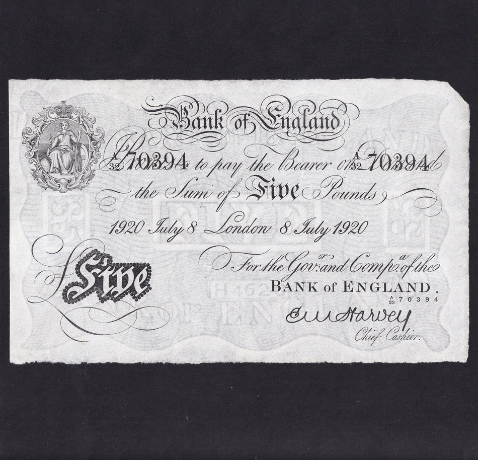 Bank of England (B209) Harvey, £5, 8th July 1920, A/32 70394, pressed, A/VF