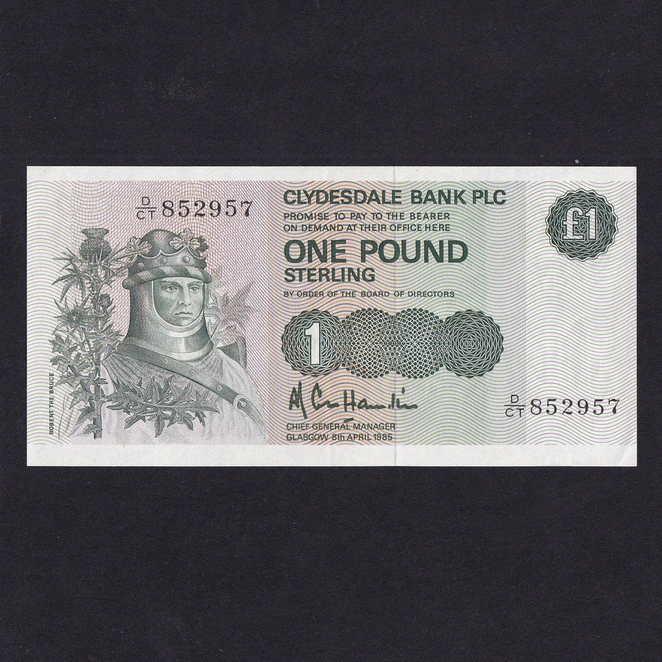 Scotland (P211c) Clydesdale Bank, £1, 1985, Hamilton signature, no sorting codes, PMS CL41c, UNC