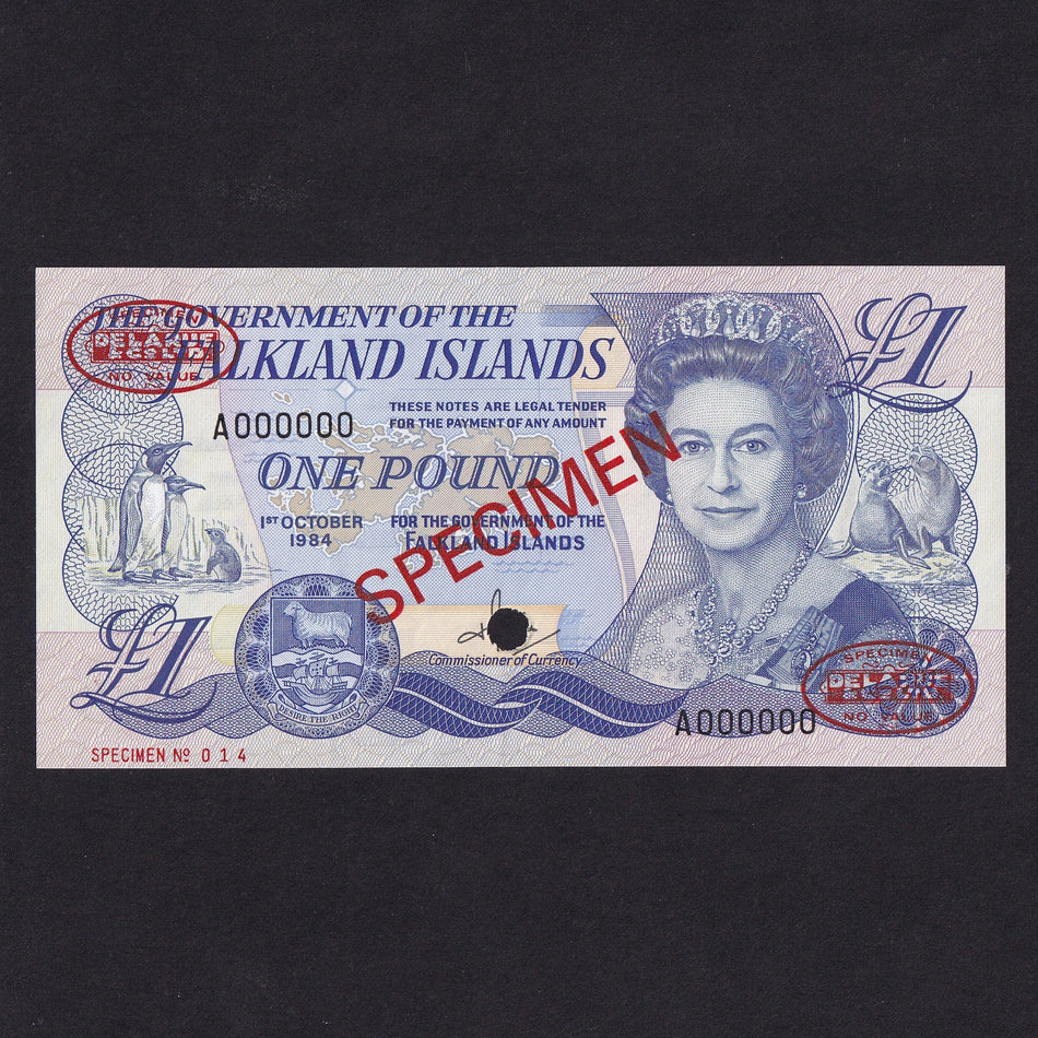 Falkland Islands (P13) £1 specimen, 1984, A000000, UNC