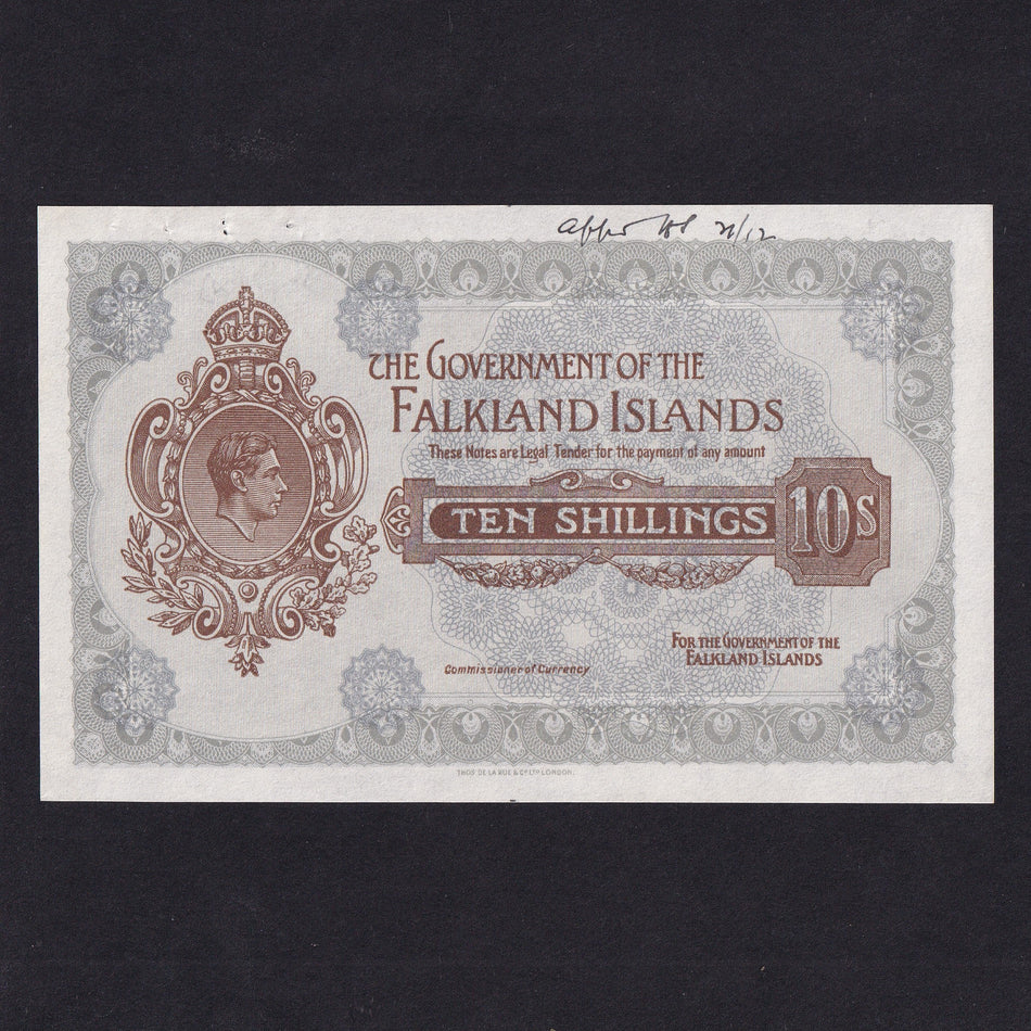 Falkland Island (P.4) 10 Shillings printer's proof, 1938, KGVI, without signature or serial, approved notations (this is not a remainder), pinholes, rare, Good EF