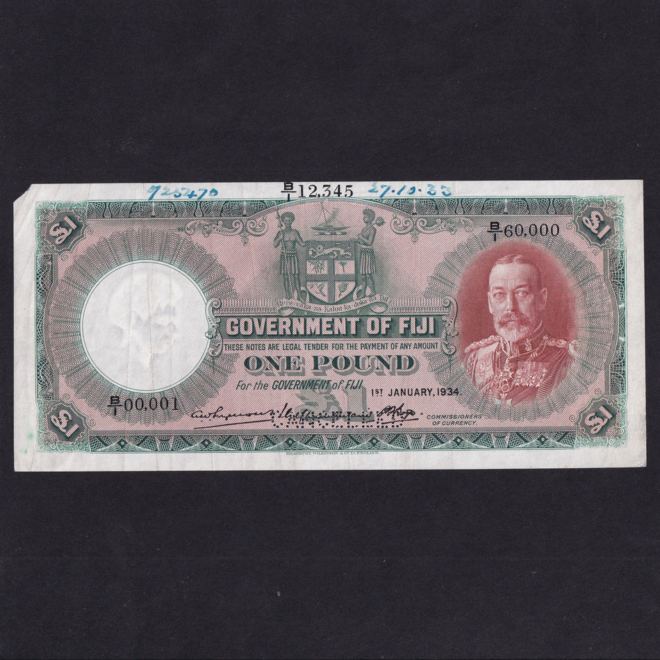 Fiji (P33a) £1 specimen, 1st January 1934, King George V, missing corner, VF