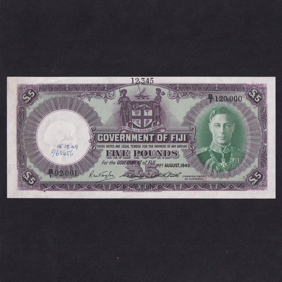 Fiji (P41d) £5 specimen, 1st August 1949, B/1 92,001, B/1 120,000, notations, Good EF