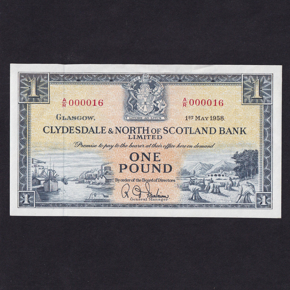 Scotland (P191b) Clydesdale & North of Scotland Bank Limited, £1, 1st May 1958, first date and prefix Fairburn, A/R 000016, PMS CL24d, marks reverse, Good EF