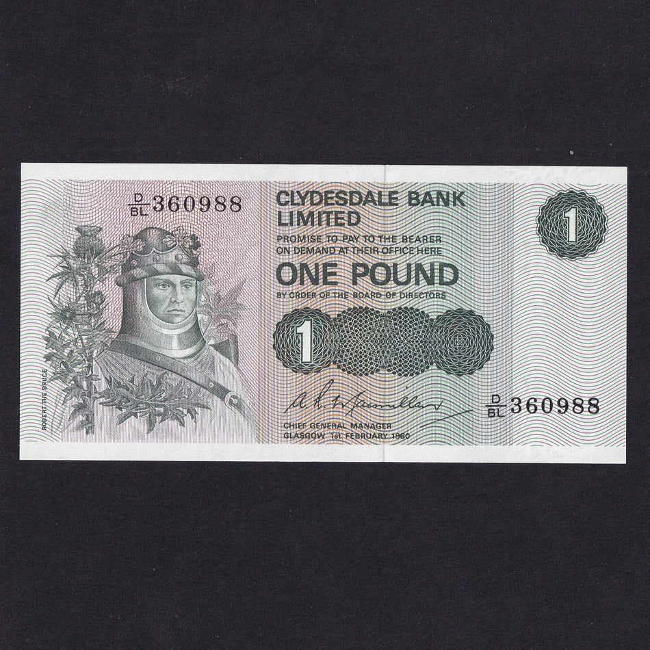 Scotland (P204c) Clydesdale Bank, £1, 1980, MacMillan, Chief General Manager, PMS CL35c, UNC