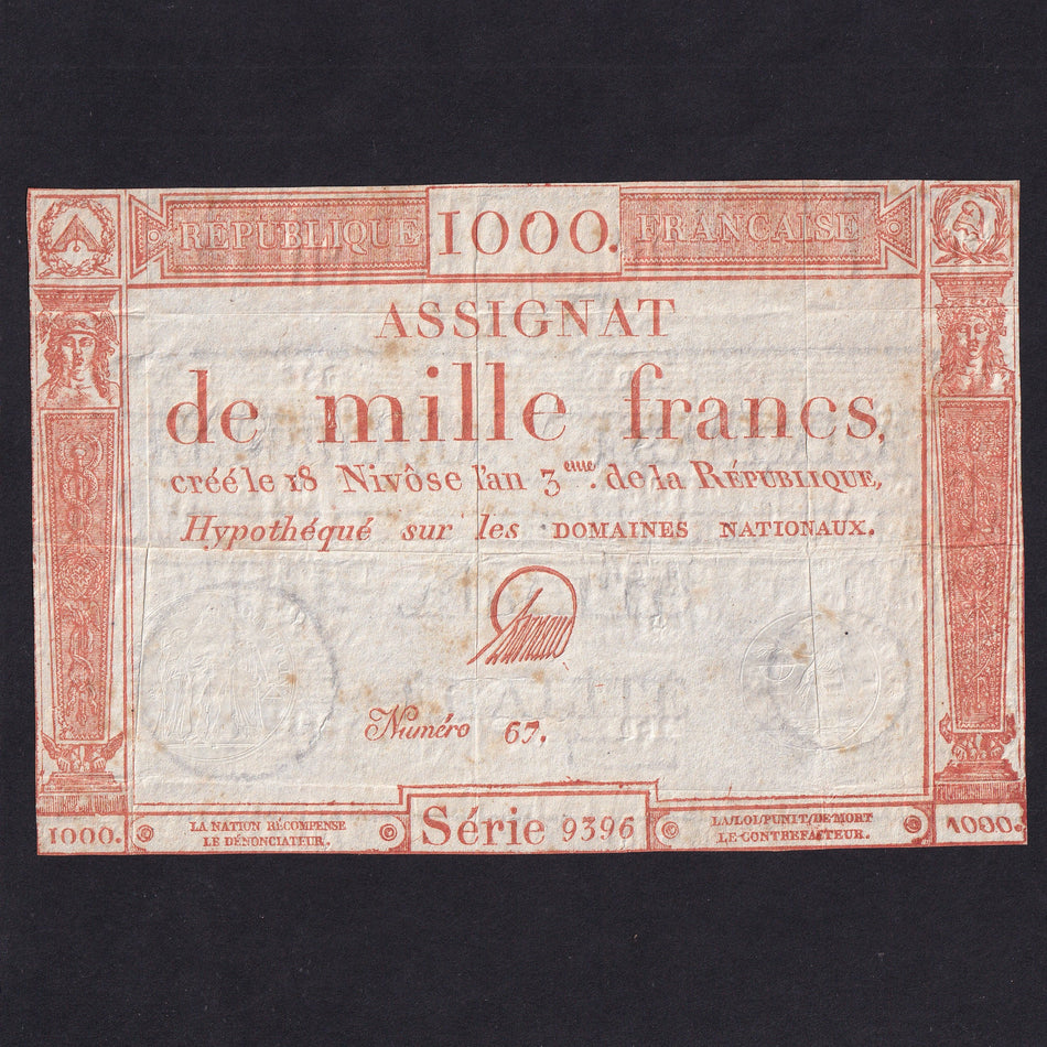 France (Assignats, PA80) 1000 Francs, 1795, red, series 9396, Darnaud, VF