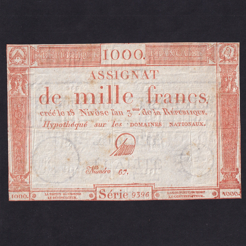 France (Assignats, PA80) 1000 Francs, 1795, red, series 9396, Darnaud, VF