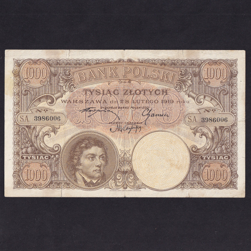 Poland (P59) 1000 Zloty, 1919, SA3986006, tears, marks, VG