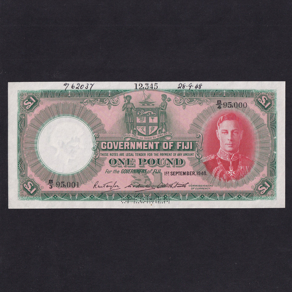 Fiji (P40c) £1 specimen, 1st September 1948, B/3 95,001, B/4 95,000, notations, A/UNC