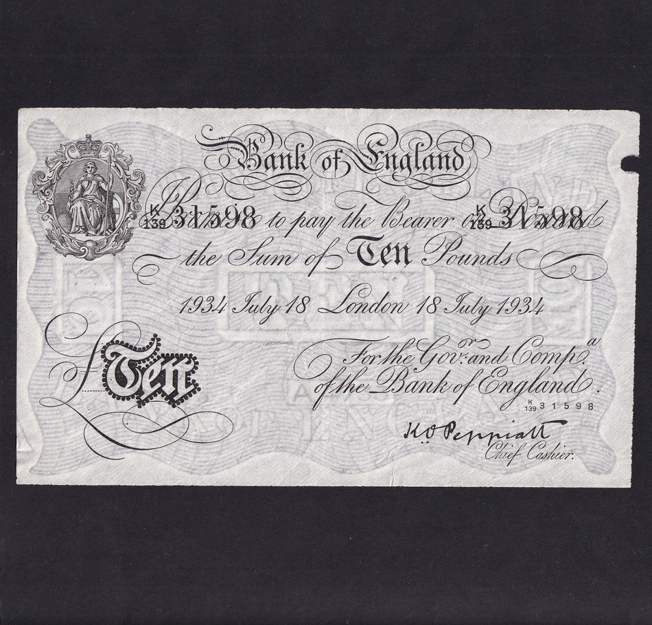 Operation Bernhard - Nazi forgery 1942-44, Peppiatt , £10, 18th July 1934, K139 31598, VF