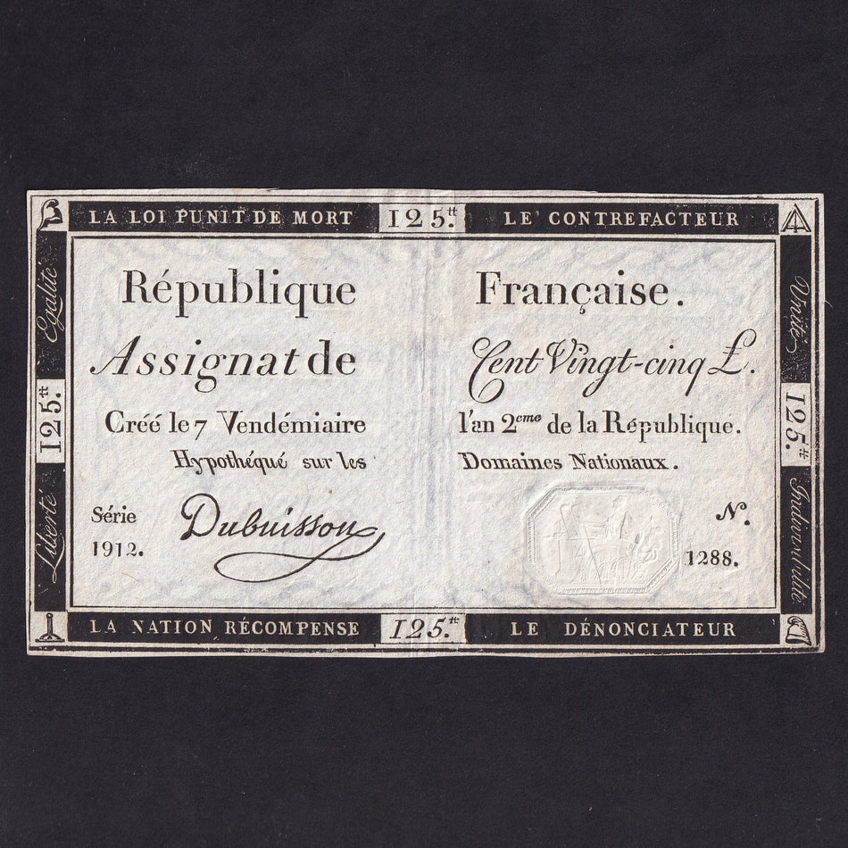 France (Assignats, PA74) 125 Livres, 1793, series 1912, Dubuisson, EF