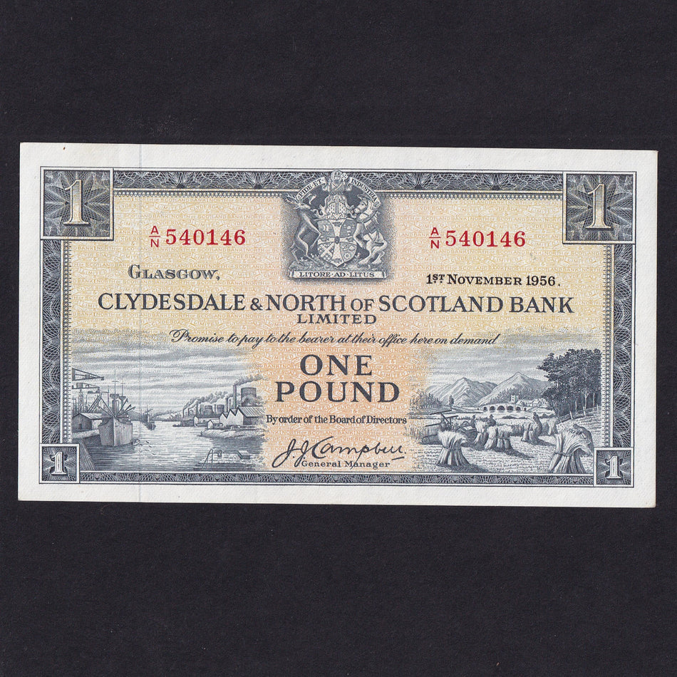 Scotland (P191b) Clydesdale & North of Scotland Bank, £1, 1st November 1956, Campbell, A/N 540146, PMS CL24b, Good EF