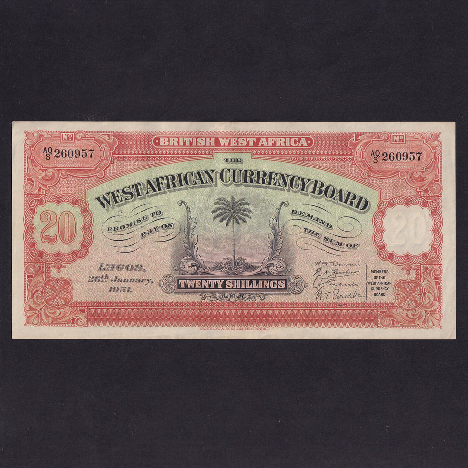 British West Africa (P8b) 20 Shillings, 26th January 1951, AQ3 360957, Good VF