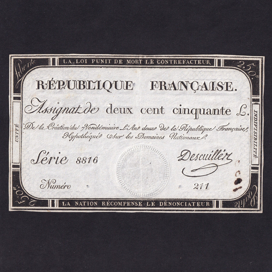 France (Assignats, PA75) 250 Livres, 1793, series 8816, Descuiller, Good VF