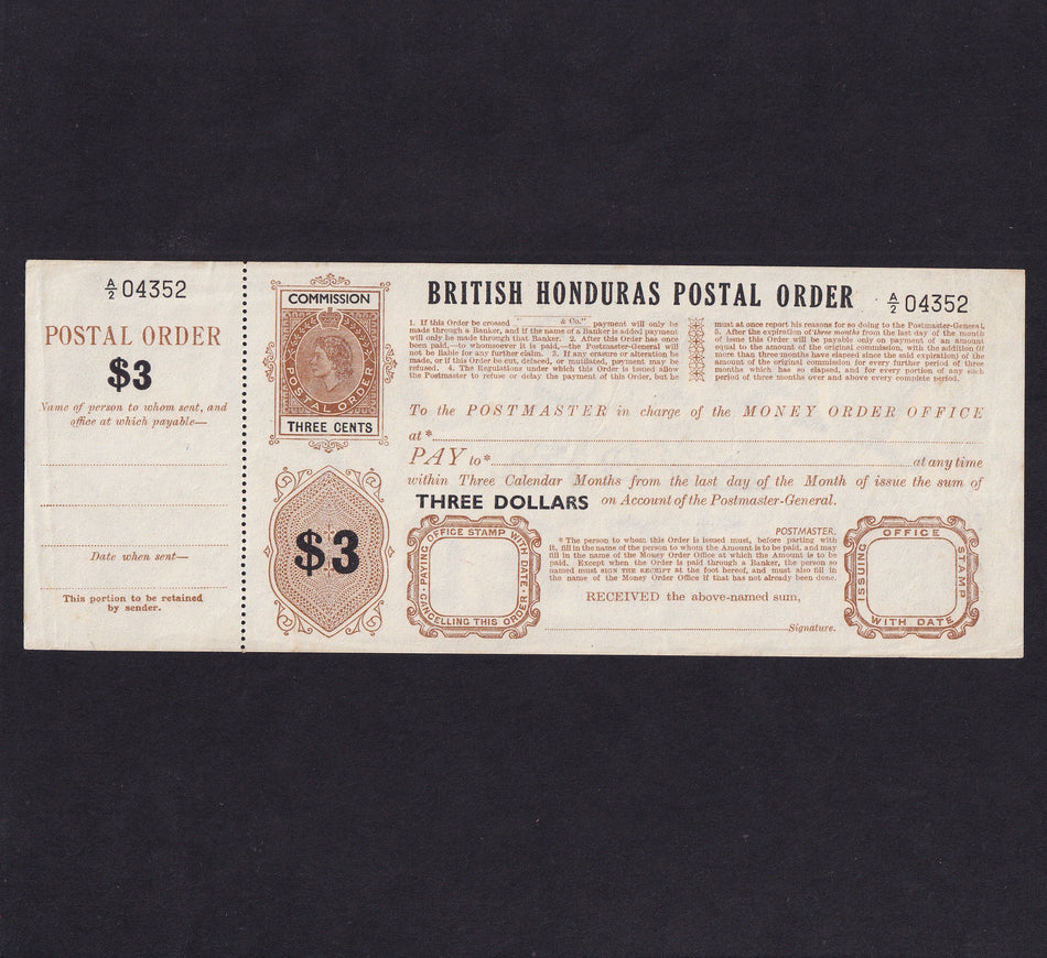 British Honduras, $3 postal order, QEII, unissued, A/2 04352, Good EF