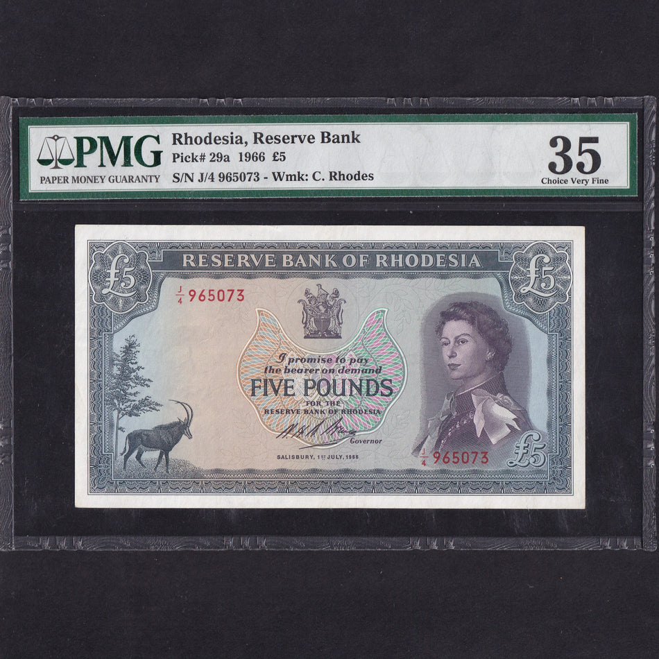 Rhodesia (P29a) £5, 1st July 1966, QEII, J/4 965073, PMG35, Good VF