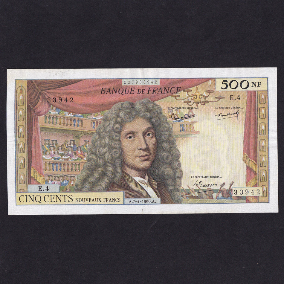 France (P145a) 500 NF, 1960, E.4 33942, pressed with a 4mm tear, VF, still a scarce note