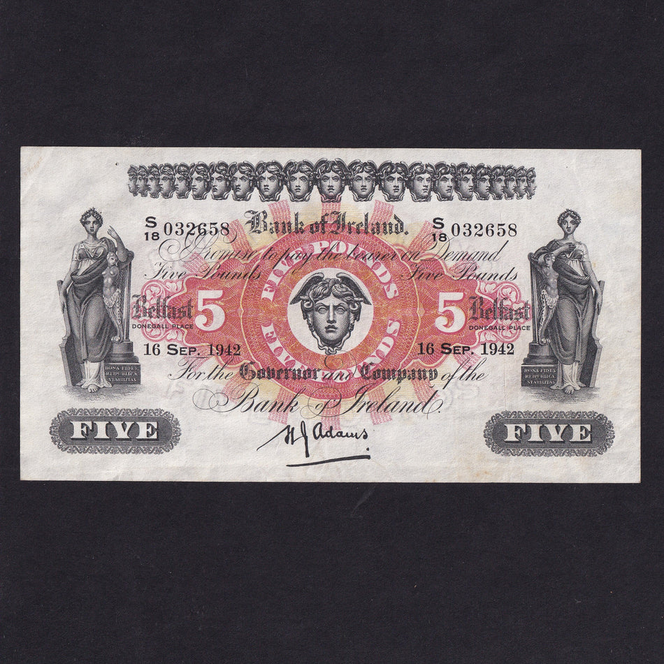 Northern Ireland (P52b) Bank of Ireland, Belfast, £5, 16th September 1943, Adams signature, BA99, Good Fine