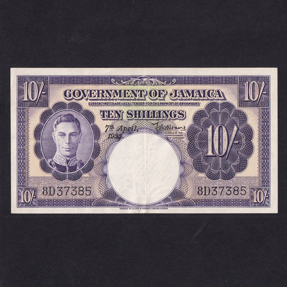 Jamaica (P39d) 10 Shillings, 7th April 1955, King George VI, 8D 37385, Good VF