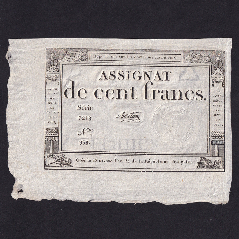 France (Assignats, PA78) 100 Francs, 1795, series 3218, Berton, Good EF