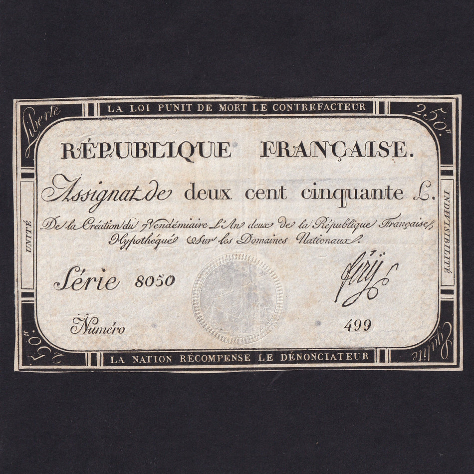 France (Assignats, PA75) 250 Livres, 1793, series 8050, Fery, VF