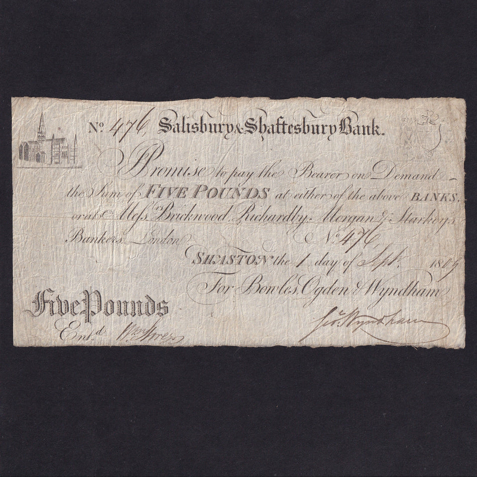 Provincial - Salisbury & Shaftesbury Bank, £5, 1809, for Bowles, Ogden & Wyndham, for Shaston, Outing 1922b, Good Fine