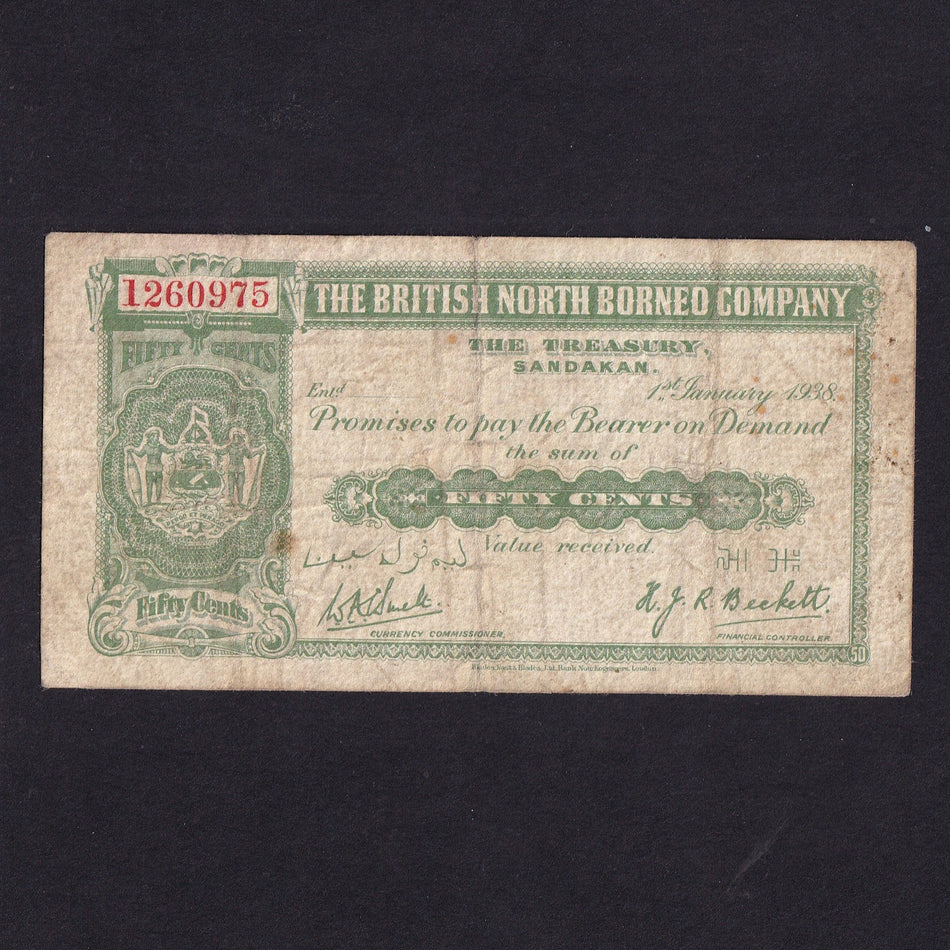 British North Borneo (P27) 50 Cents, 1st January 1938, no.1260975, VG/Fine