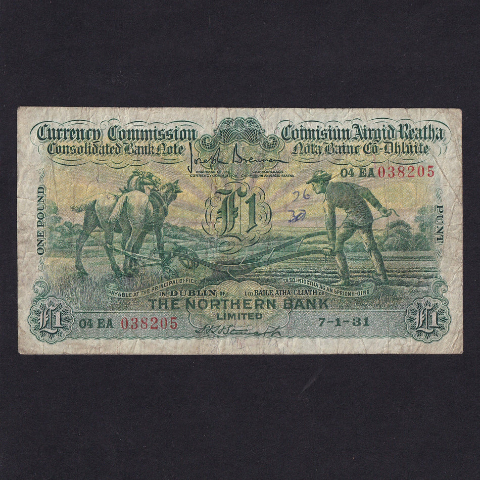 Ireland (P32b) Northern Bank, £1, 7th January 1931, ploughman, 04E 038205, Stewart signature, CN05, biro marks, VG