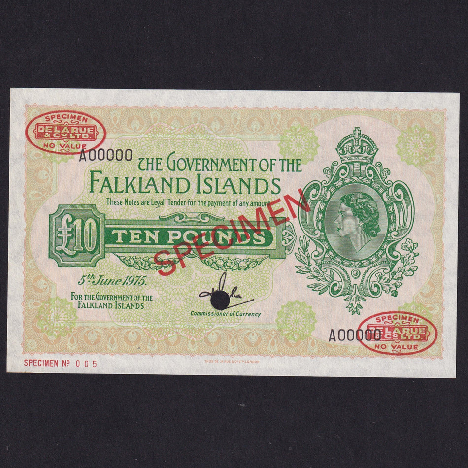 Falkland Islands (P10as) £10 specimen, 1975, QEII, A00000, one hole punch, mount marks otherwise UNC