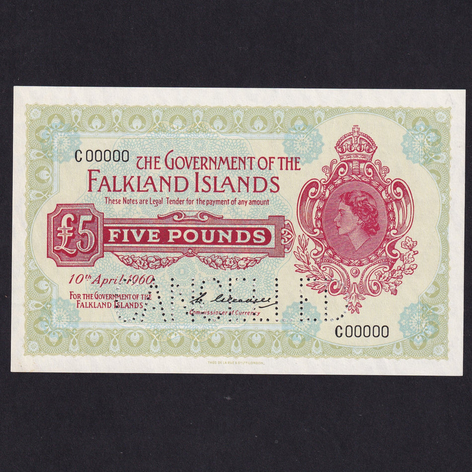 Falkland Islands (P9as), £5 specimen, 1960, QEII, C00000, hole punch CANCELLED, UNC