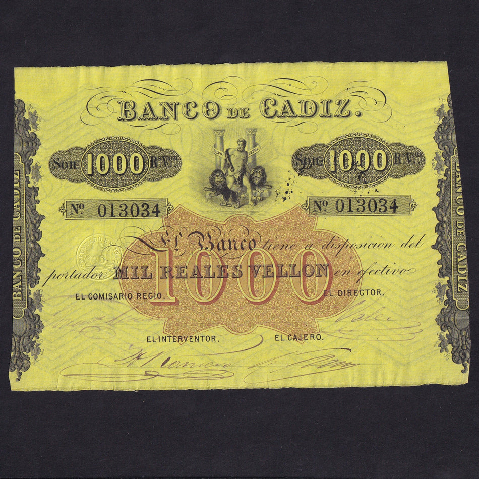 Spain (PS294) Banco de Cadiz, 1000 Reales, 1863, De Vellon, Hercules, No.013034, GDEF