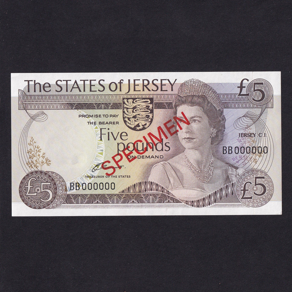 Jersey (P12as) £5 specimen, Clennett signature, QEII, BB000000, UNC