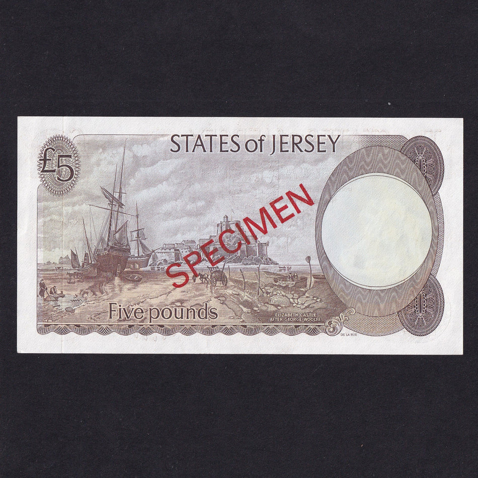 Jersey (P12as) £5 specimen, Clennett signature, QEII, BB000000, UNC
