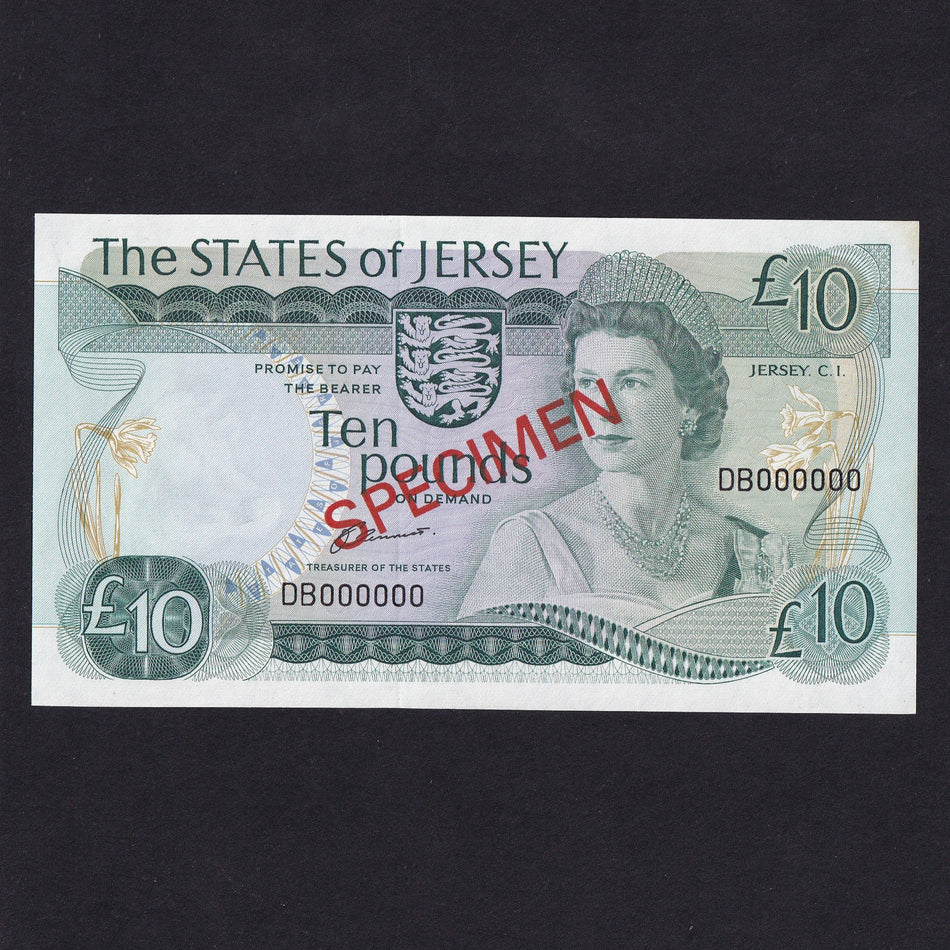 Jersey (P13as) £10 specimen, Clennett signature, QEII, DB000000, UNC