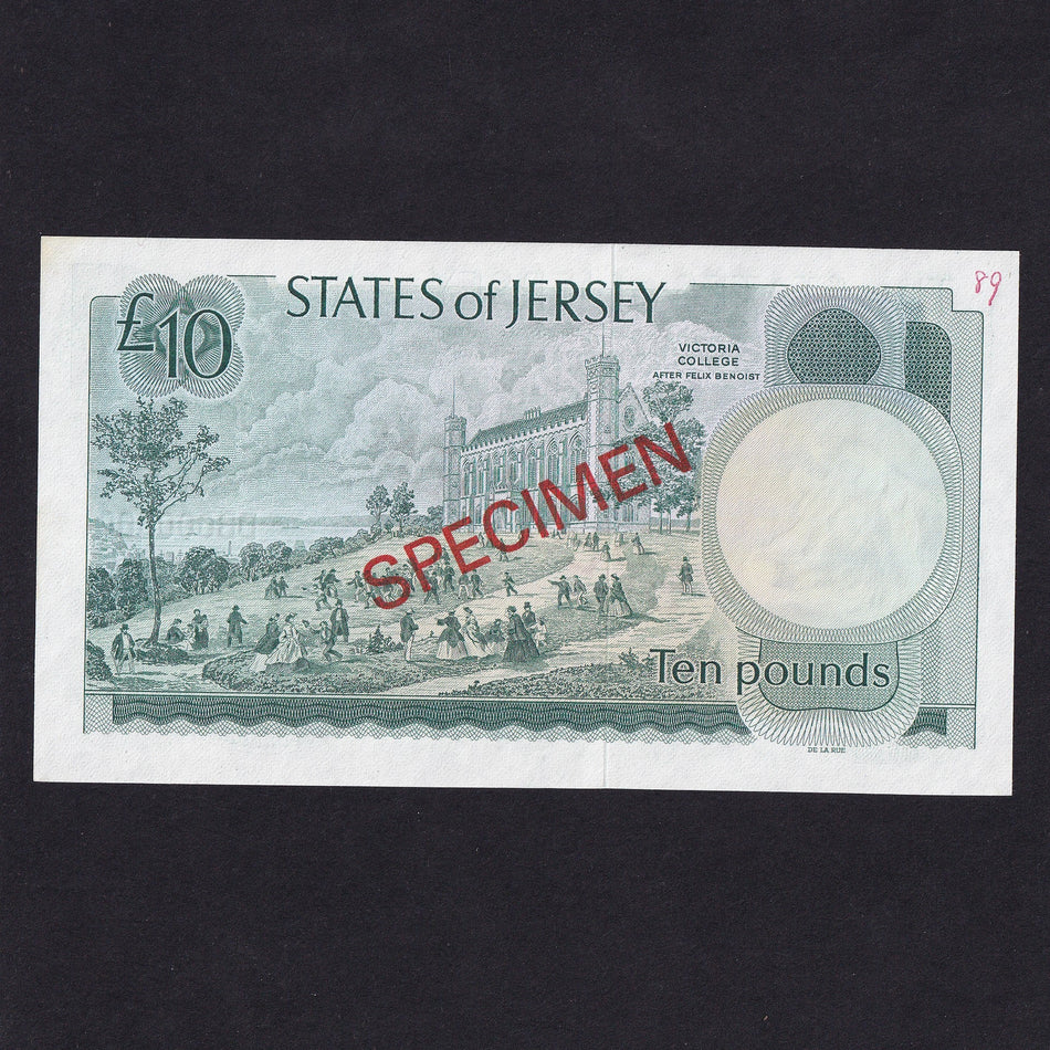 Jersey (P13as) £10 specimen, Clennett signature, QEII, DB000000, UNC