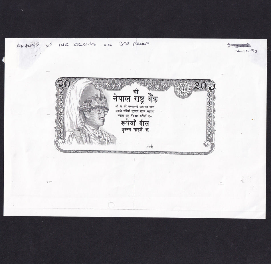 Nepal (P38) 20 Rupee engraved plate proof in black, 1992, UNC