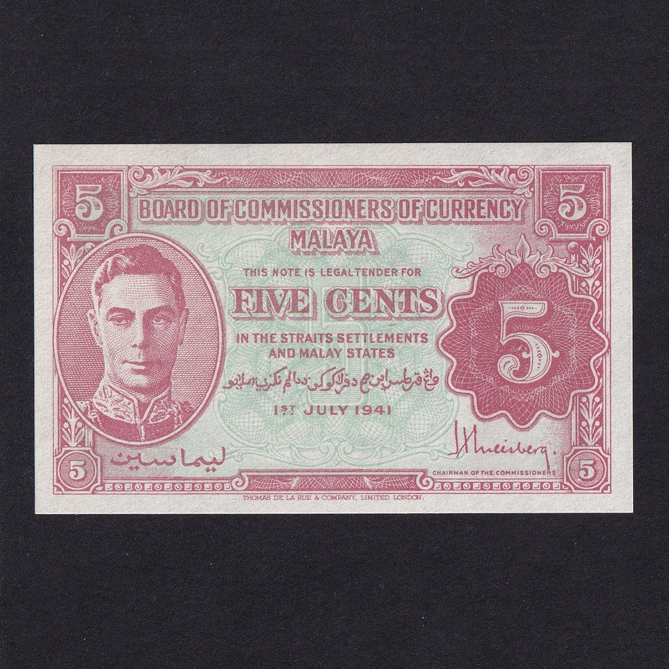 Malaya (P7b) 5 Cents, 1945, KGVI, Jawi script type 2, UNC