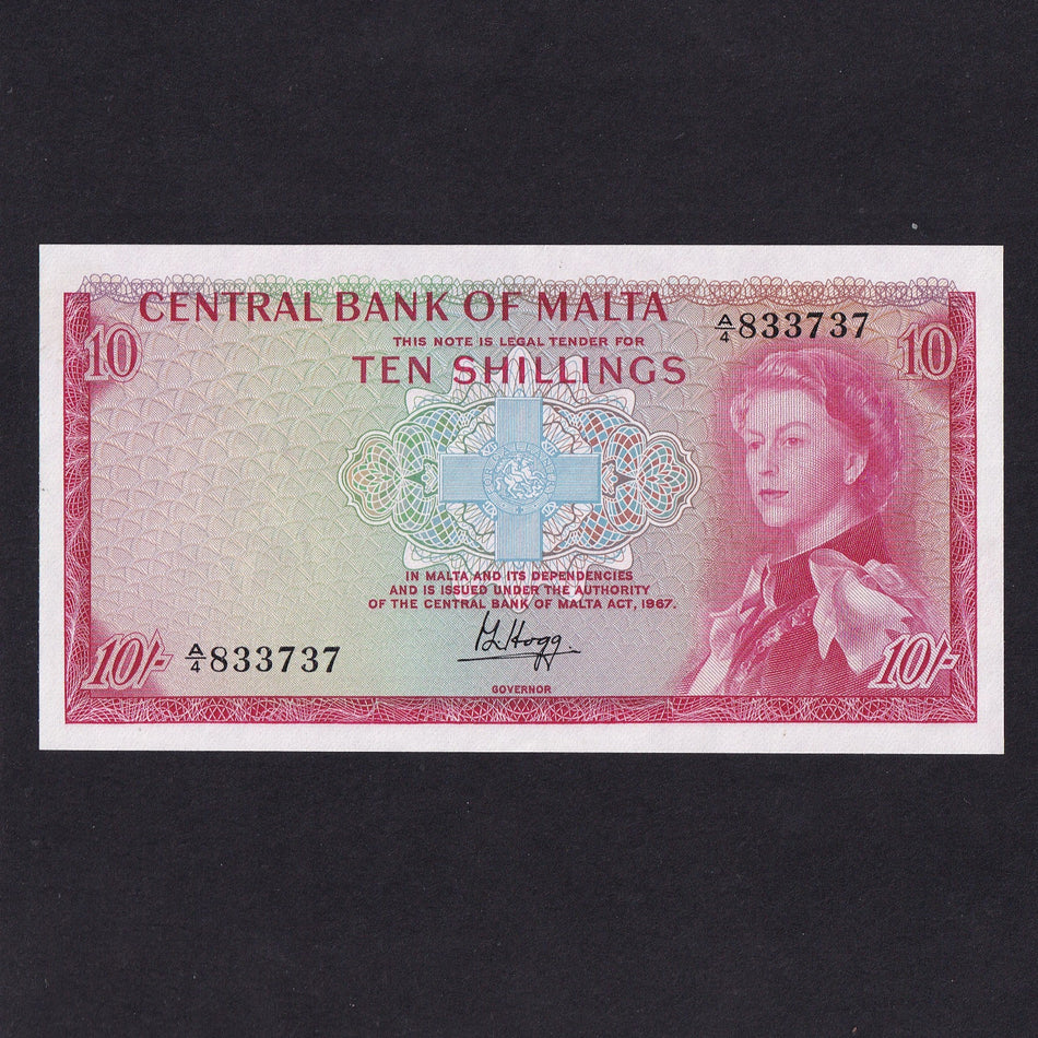 Malta (P28) 10 Shillings, A/4 833737, QEII, UNC