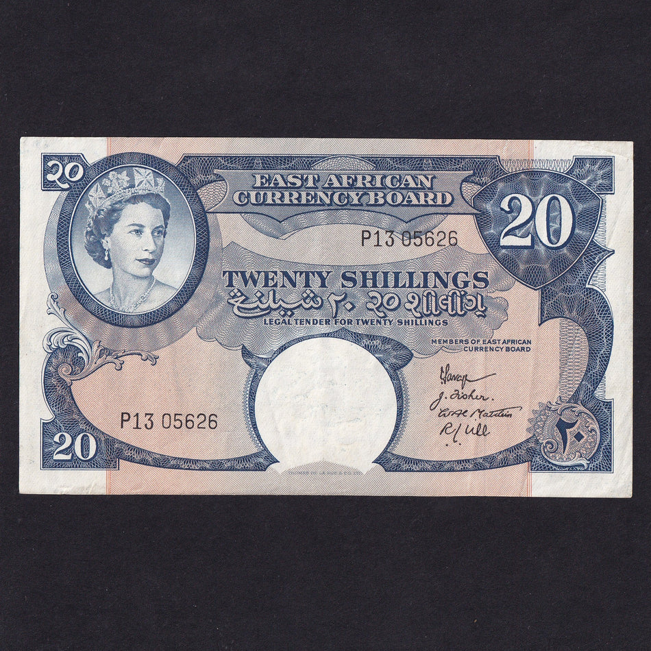 East Africa (P39) 20 Shillings, QEII, 4 signatures, P13 05626, Good VF/EF