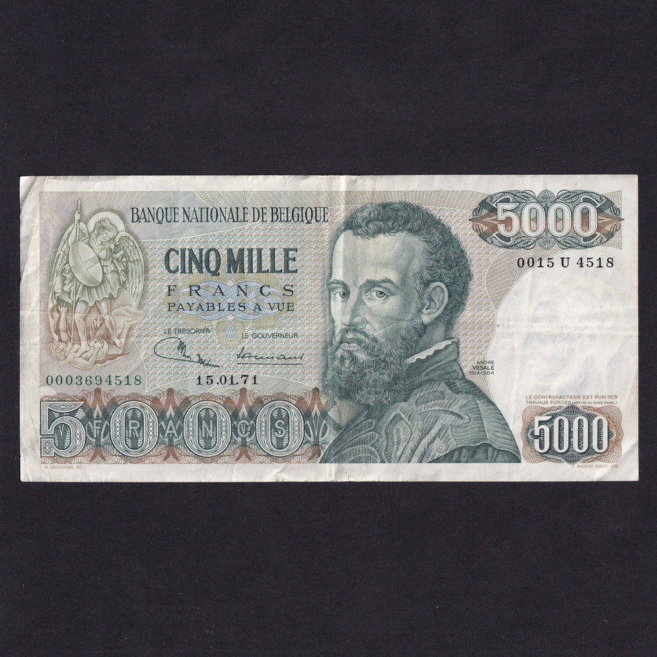 Belgium (P137a) 5000 Francs, 1971, first date, Fine