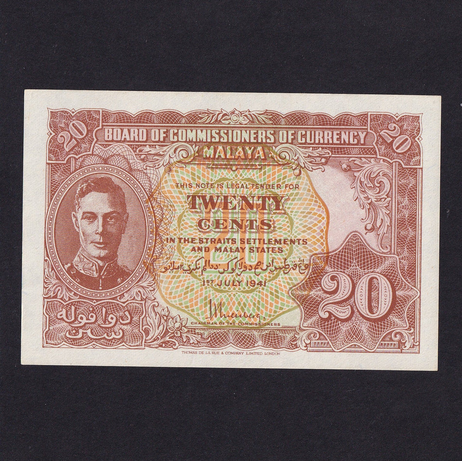 Malaya (P9b) 20 Cents, 1941, Jawi script type B, UNC