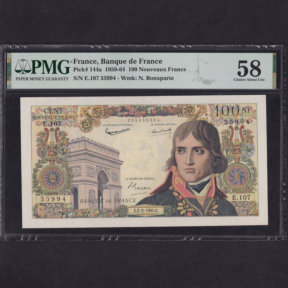 France (P144a) 100 Nouveaux Francs, 1961, Napoleon, PMG58, A/UNC