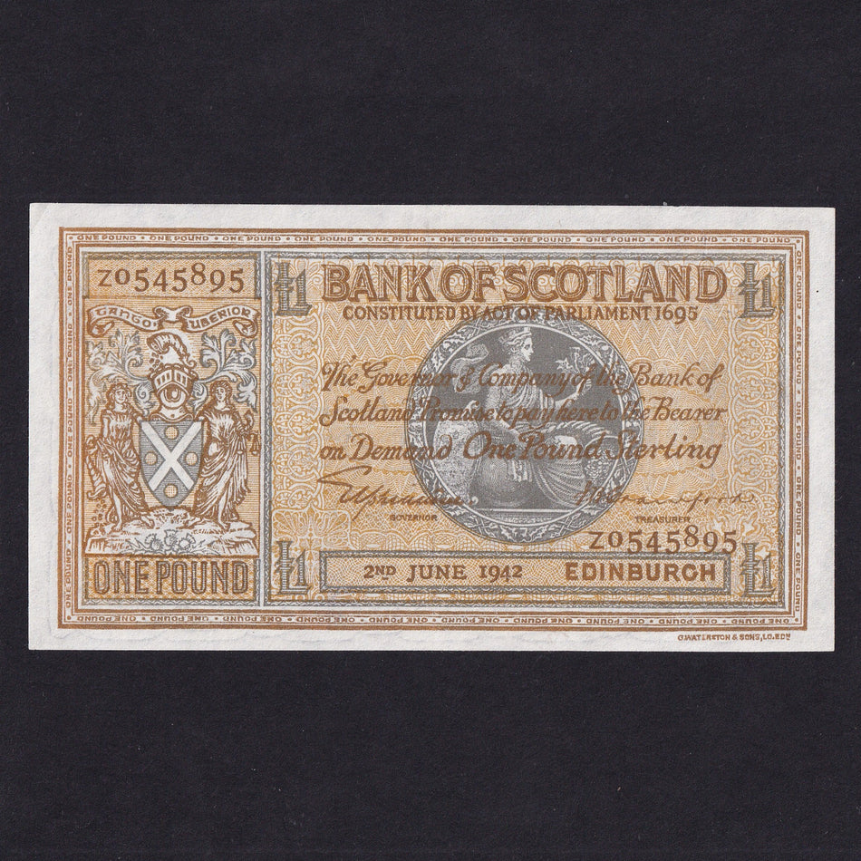 Scotland (P91c) Bank of Scotland, £1, 1942, Elphinstone/ Crawford, Z0545895, BA95c, pressed, Good VF