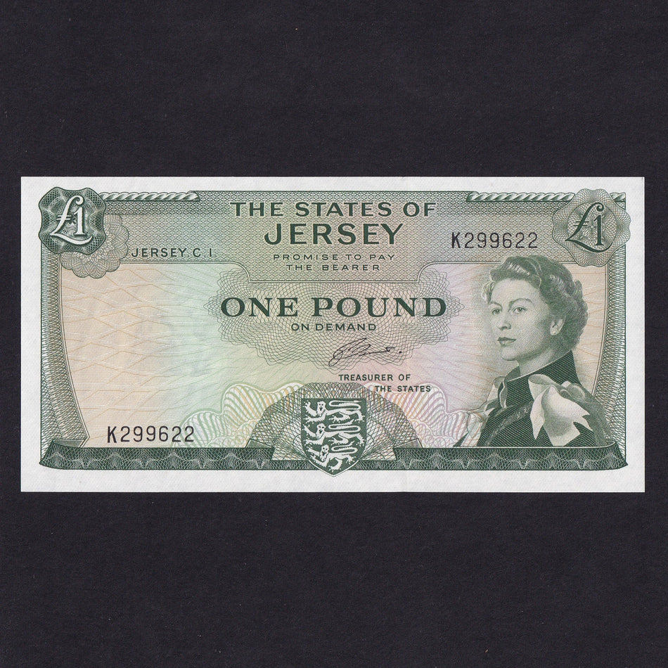 Jersey (P.8a) £1, QEII, Clennett signature, K299622, UNC
