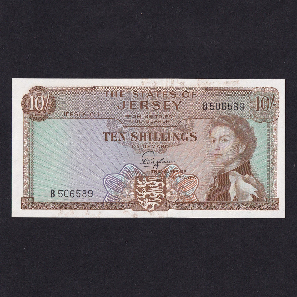 Jersey (P.7) 10 Shillings, QEII, B506589, print smudge, UNC