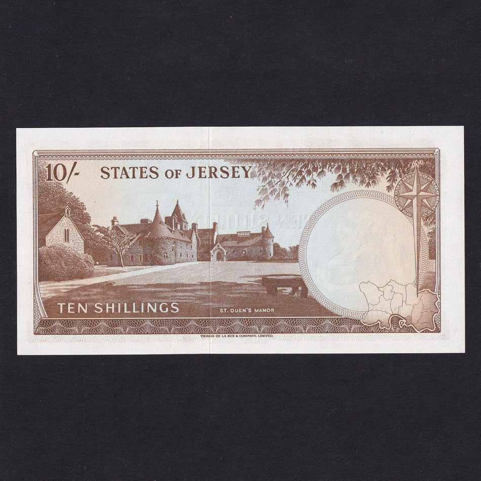 Jersey (P.7) 10 Shillings, QEII, B506589, print smudge, UNC
