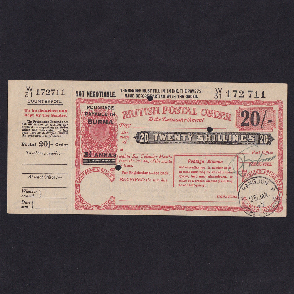 Burma, 20 Shillings postal order, Rangoon, 1949, KGVI, W31 172663, A/UNC
