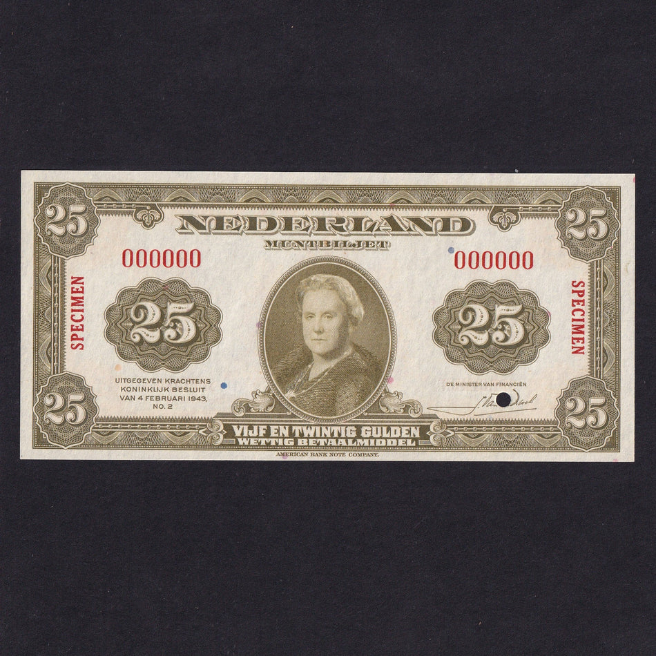 Netherlands (P67s) 25 Gulden specimen, 1943, Queen Wilhelmina, UNC