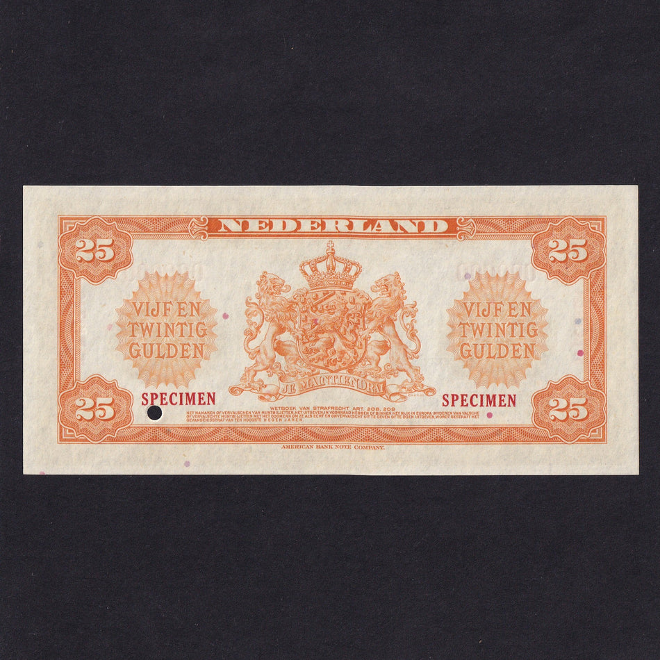 Netherlands (P67s) 25 Gulden specimen, 1943, Queen Wilhelmina, UNC