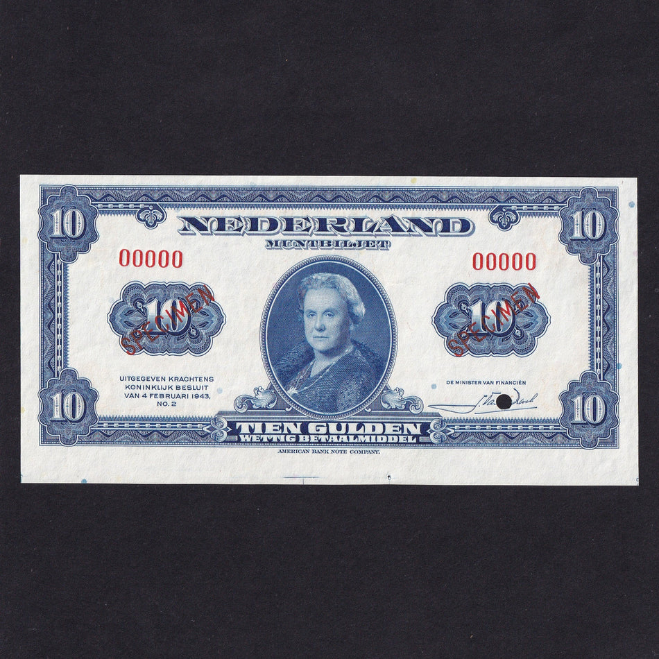 Netherlands (P66s) 10 Gulden specimen, 1943, Queen Wilhelmina, UNC